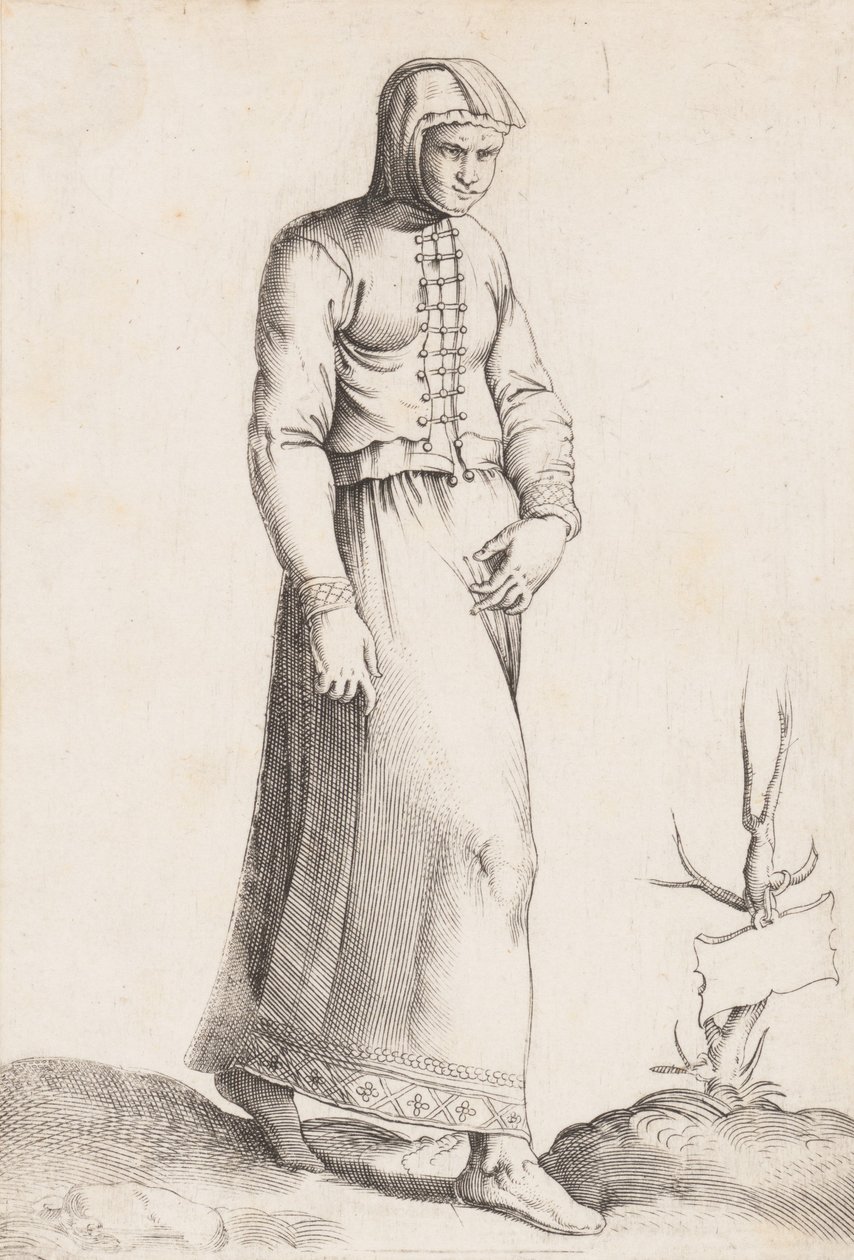 Kostymtallrik: Kvinna med huvplagg, ca. 1557-58. av Enea Vico