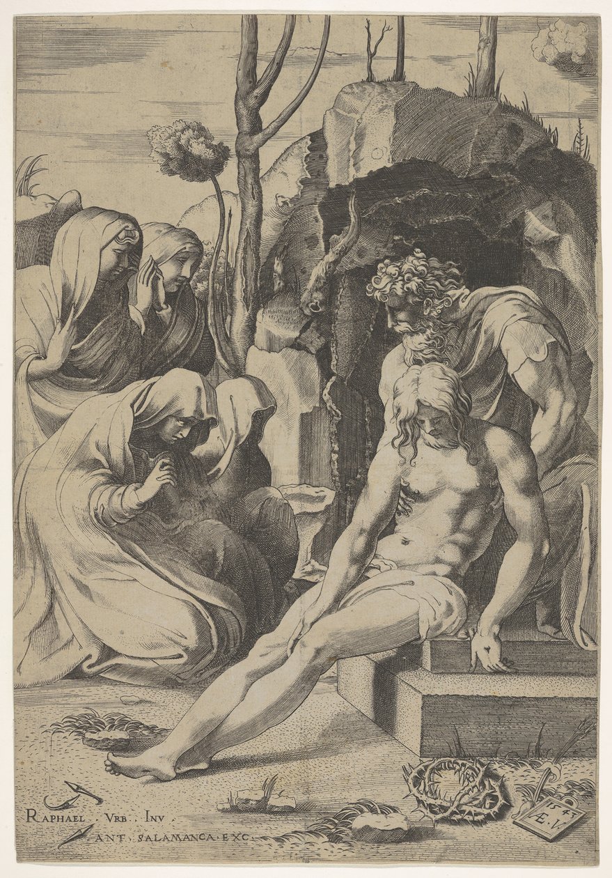 Kristi gravläggning, vars bröst greppas av Josef av Arimatea, med två knästående och..., 1543. av Enea Vico