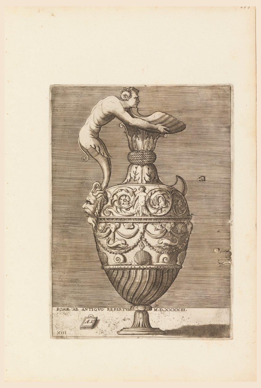 Ewer med en satyr som håller en stor snäcka (Vico) av Enea Vico