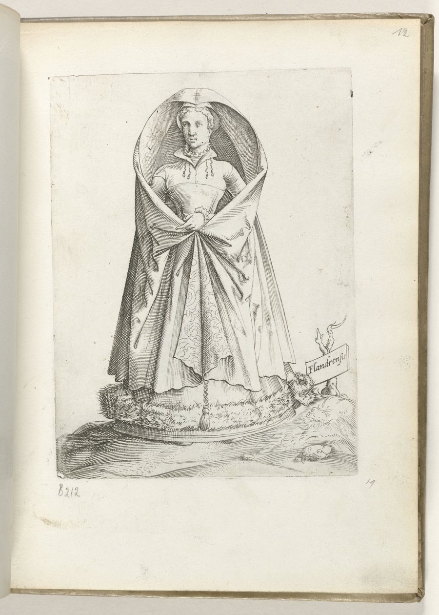 Flandern (titel på objekt) En kvinna från Vlaanderen, klädd enligt mode från ca. 1550 Attityderna hos olika nationer i vår tid (serietitel) av Enea Vico