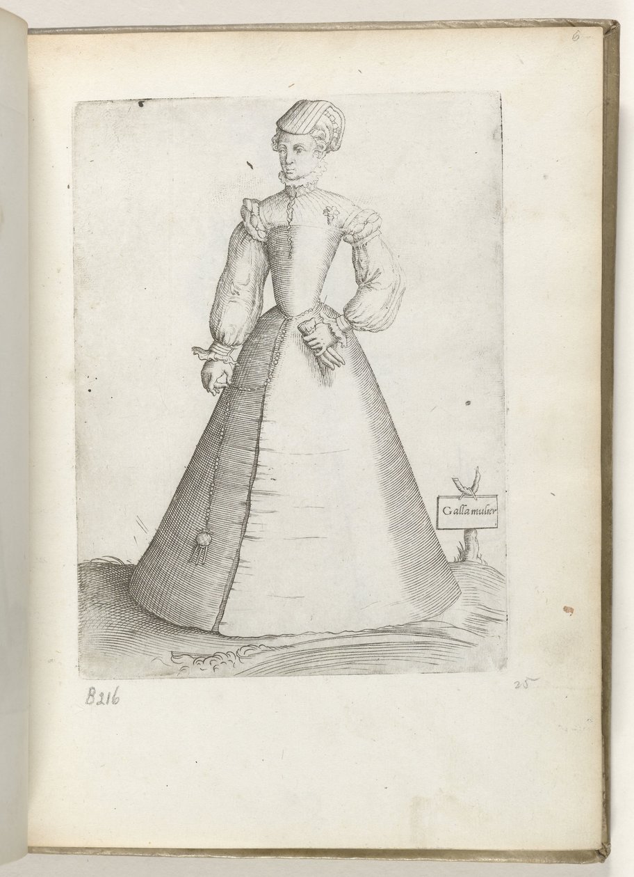 Galla Mulier (titel på objekt) En gift kvinna från Frankrike, klädd i mode från ca 1550 Diversarum gentium nostrae aetatis habitus (serietitel) av Enea Vico
