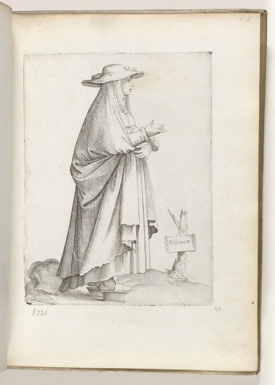 Spanska m(ulier) (titel på objekt) Vrouw till rätt, i spanska kläder. ca. 1550 Attityderna hos olika nationer i vår tid (serietitel) av Enea Vico