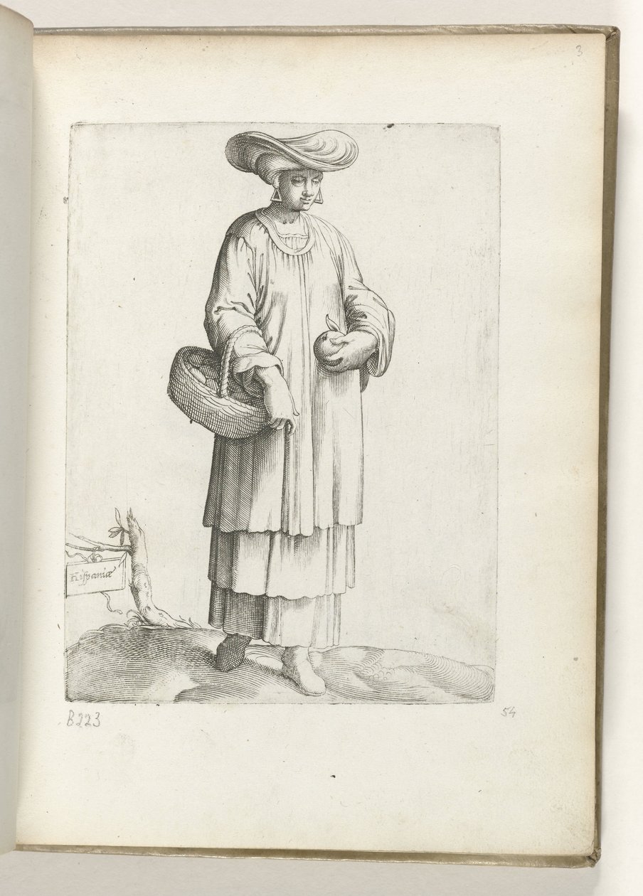 Spanien (titel på objekt) Vrouw met mand i spanska kläder. ca. 1550 Attityderna hos olika nationer i vår tid (serietitel) av Enea Vico