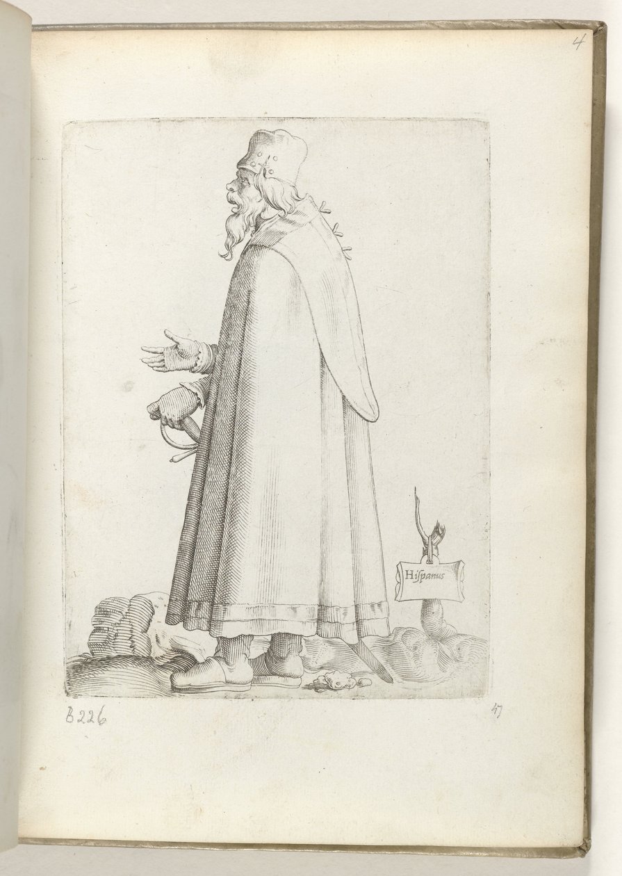 Spanska (titel på objekt) Oude man, to links, in Spanishe klädsel. ca. 1550 Attityderna hos olika nationer i vår tid (serietitel) av Enea Vico