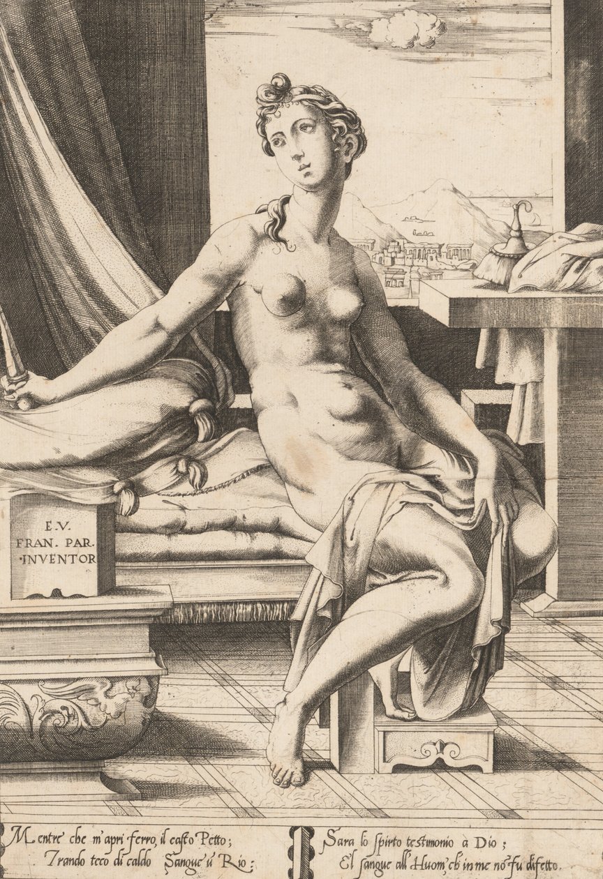 Lucretia förbereder sig för att ta livet av sig, ca. 1542. av Enea Vico