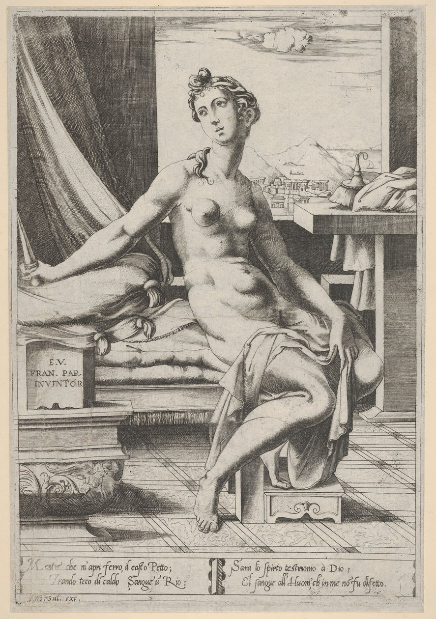 Lucretia naken och sittande framför ett fönster, en dolk i sin högra hand och håller d..., ca. 1535-67. av Enea Vico
