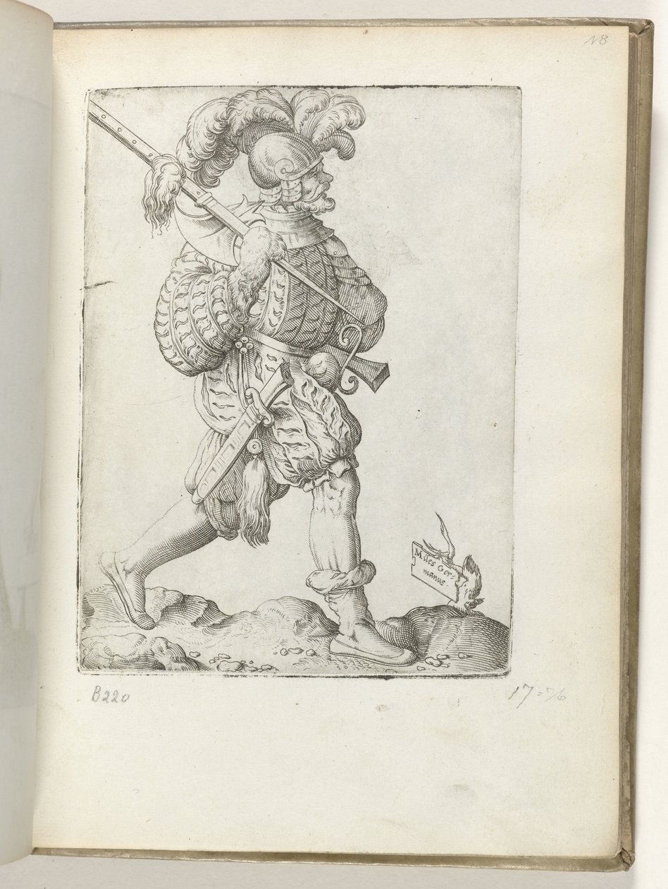 Tysk soldat (titel på objekt) tyska soldater, klädda enligt mode av ca. 1550 The Atttitudes of different Nations of Our Age (serietitel) av Enea Vico