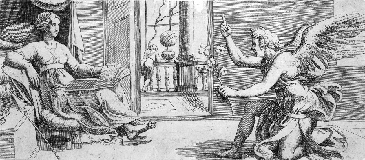 Bebådelsen med knästående ängel, ca. 1540-41. av Enea Vico.