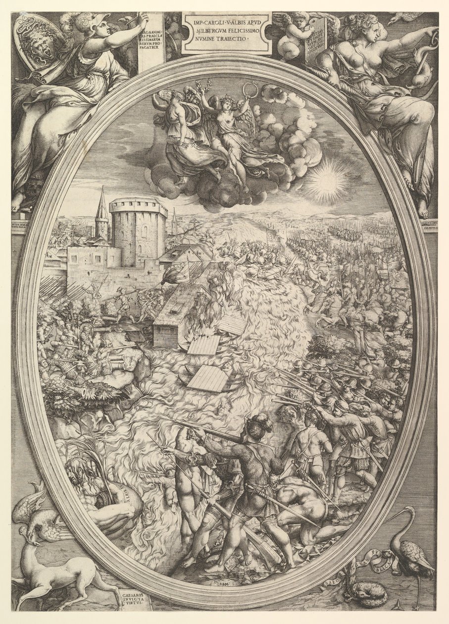 Slaget vid Mühlberg med Charles V:s armé som korsade floden Elbe, 1551. av Enea Vico