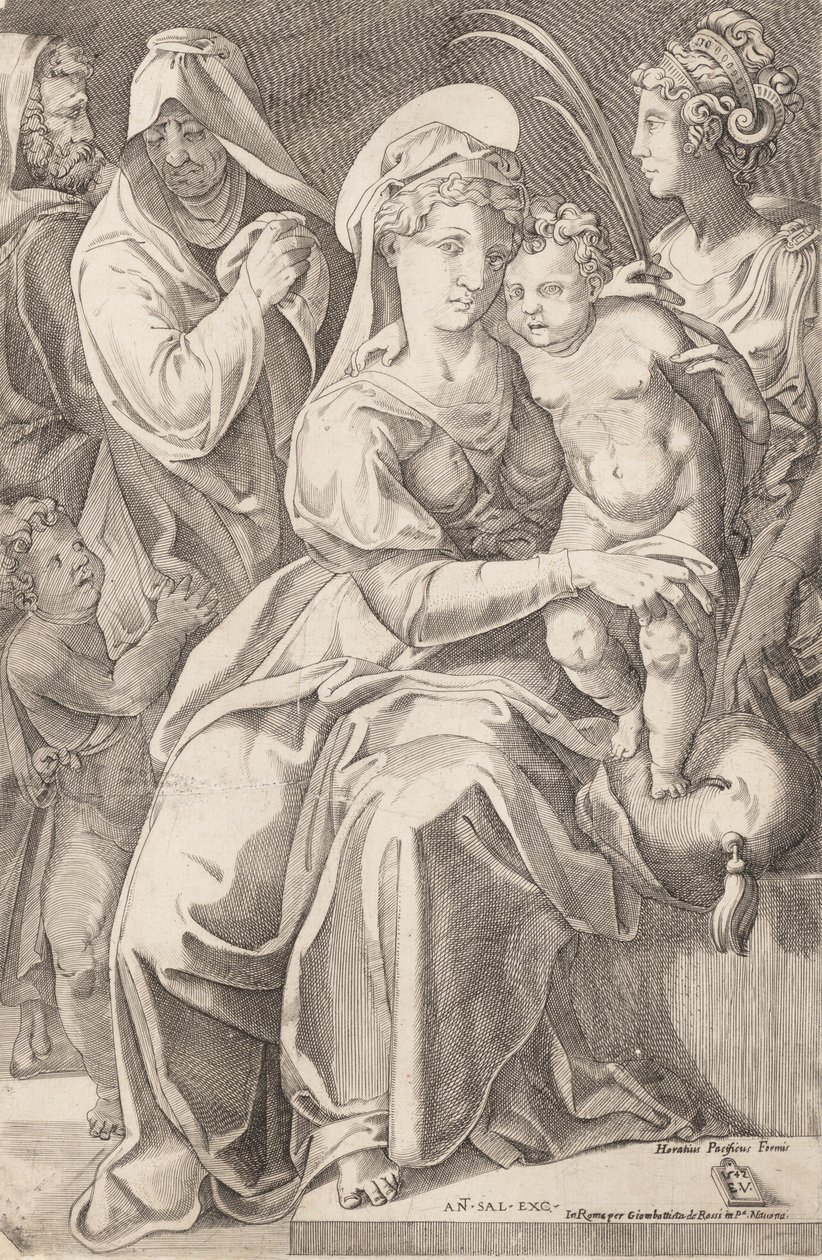 Den heliga familjen med St. Anne och St. Catherine, 1542, publicerad 1627-50. av Enea Vico