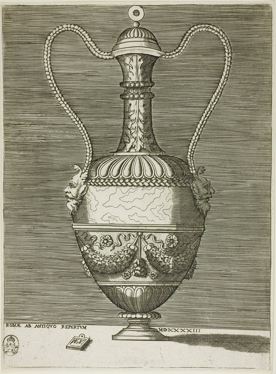 Vas med två groteska masker, tallrik sex från A Series of Vases Drawn After the Antique av Enea Vico