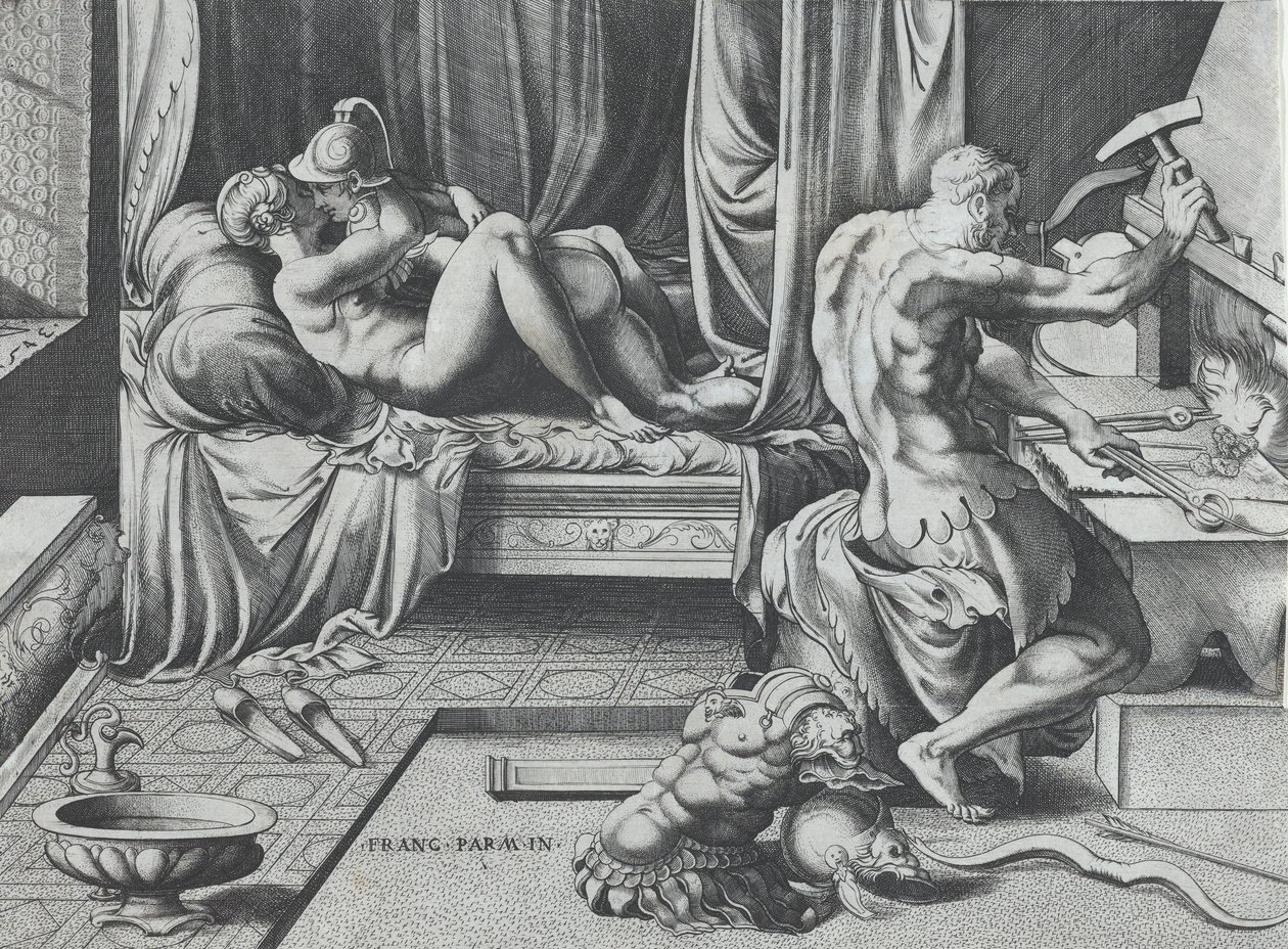 Venus och Mars omfamnar när Vulcan arbetar i sin smedja, 1543. av Enea Vico