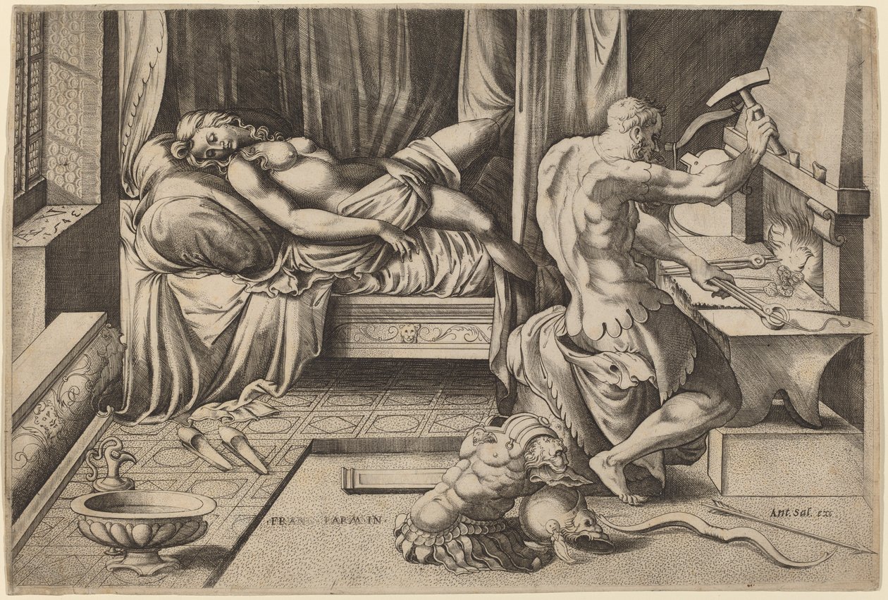 Venus liggande med Vulcan vid His Forge av Enea Vico after Parmigianino