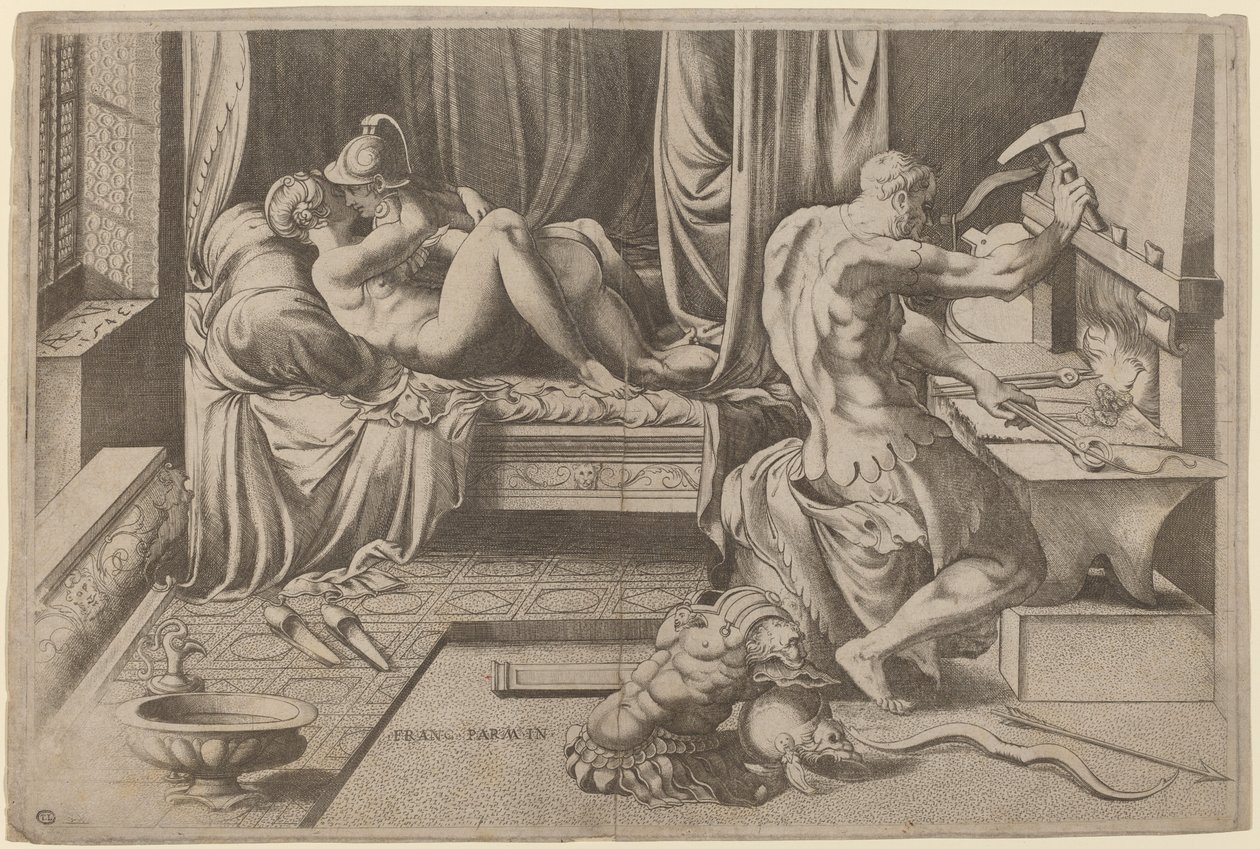 Venus och Mars omfamnar med Vulcan vid hans smedja av Enea Vico after Parmigianino