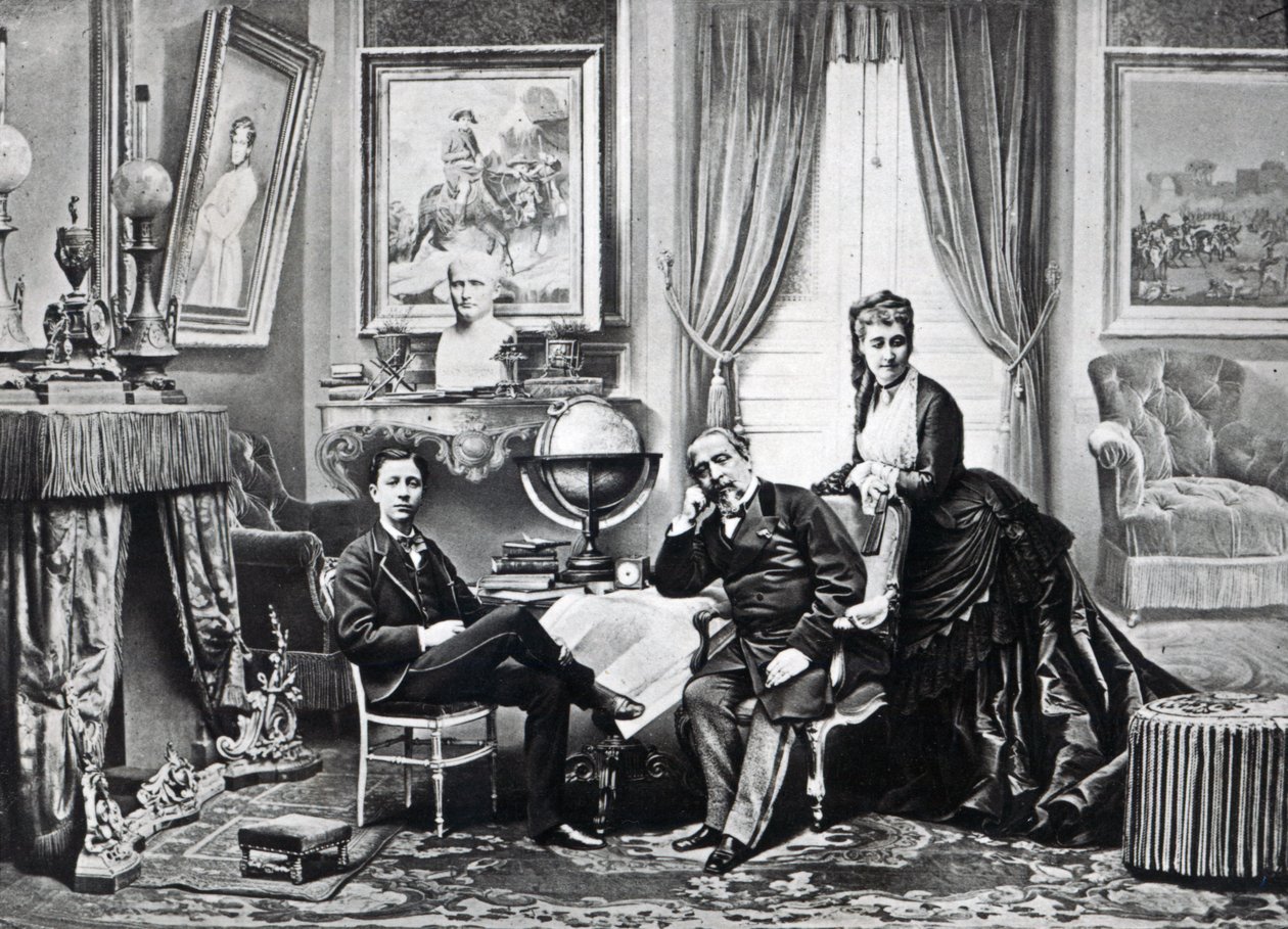 Kejsar Napoleon III med kejsarinnan Eugenie och prinsen Imperial på Camden Place, Chislehurst 1872 av English Photographer