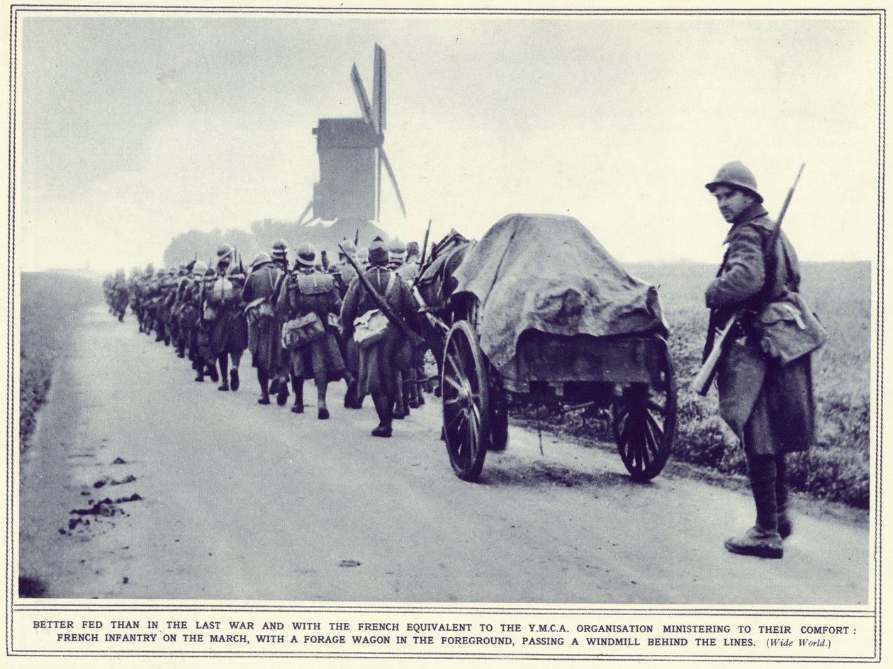 Franskt infanteri på marsch, med en fodervagn i förgrunden, från The Illustrated War News, publicerad 22 november 1939 av English Photographer
