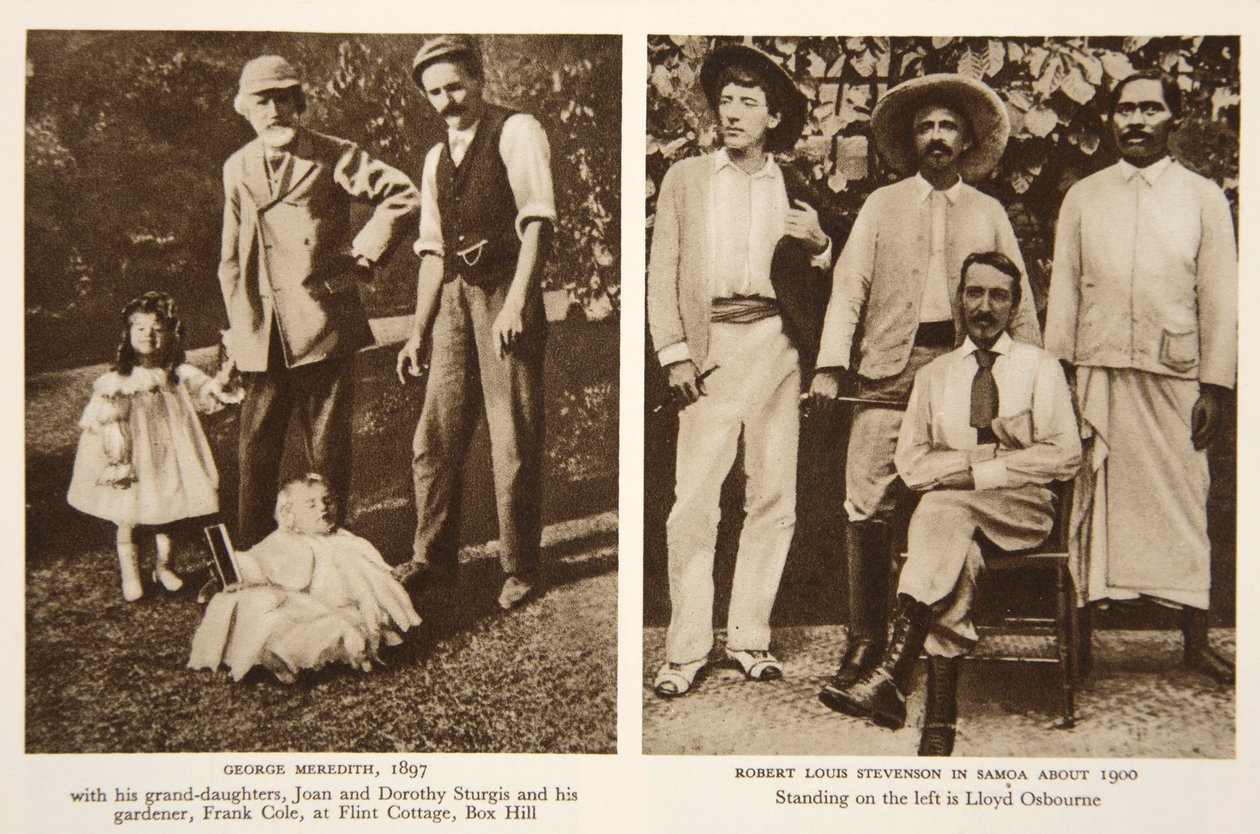 Porträtt av George Meredith och Robert Louis Stevenson, fotografier från The Times, 1890-talet (sepiafoto) av English Photographer