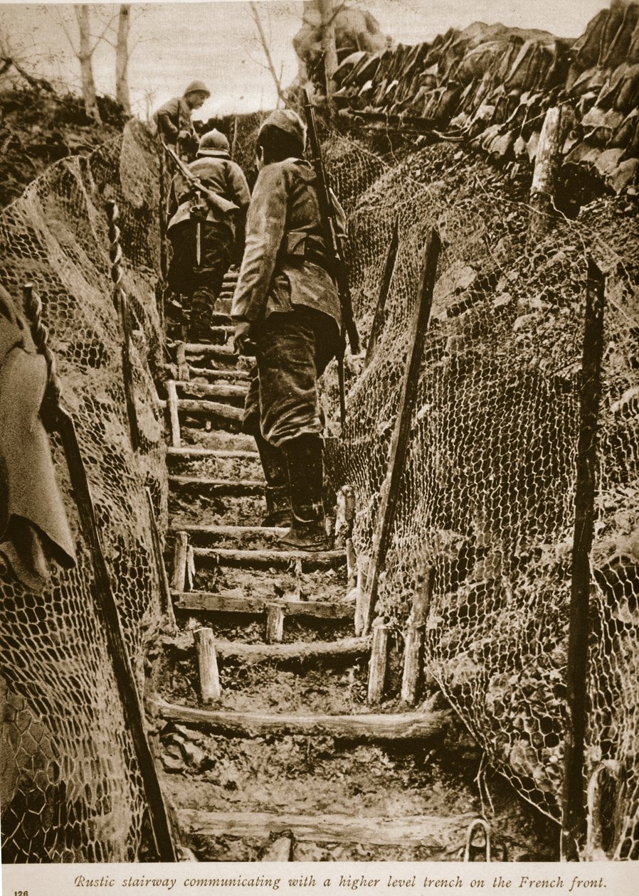 Rustik trappa som kommunicerar med ett dike på högre nivå på den franska fronten, 1914-19 av English Photographer
