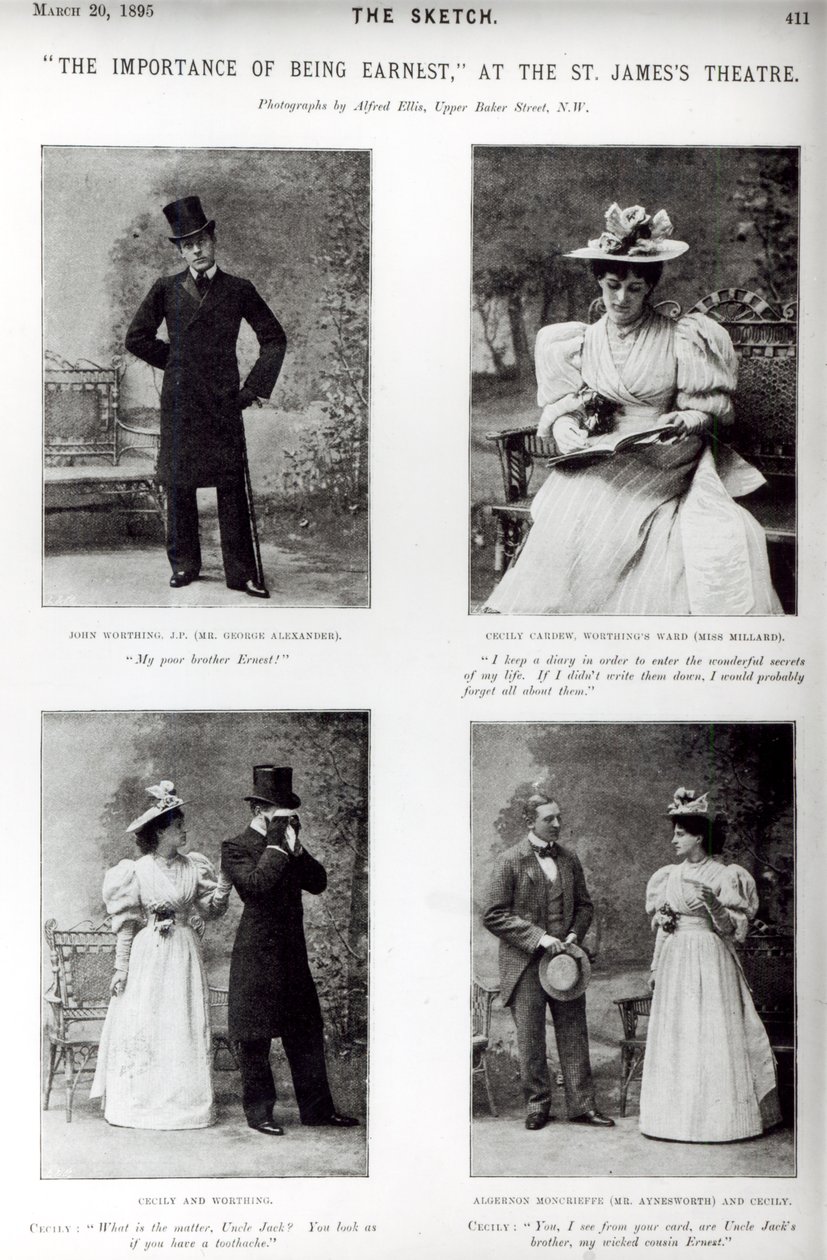 Scener från The Importance of Being Earnest, av Oscar Wilde (1854-1900) på St. James Theatre, från Sketch, 20 mars 1895 av English Photographer