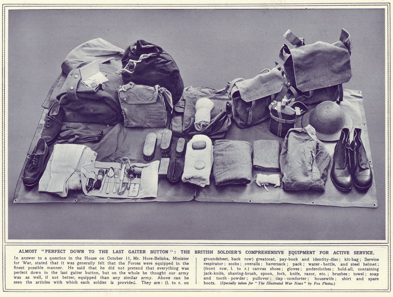 De brittiska soldaternas omfattande utrustning för aktiv tjänst, från The Illustrated War News, publicerad 8 november 1939 av English Photographer