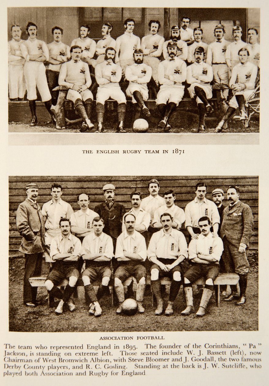 Det engelska rugbylaget 1871 och Association Football representanter 1895, fotografier från The Times (fotogravyr) av English Photographer
