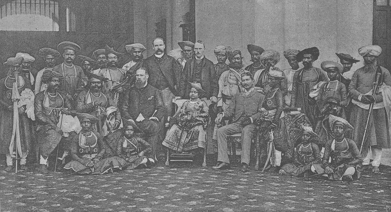 Den unge maharaja af Gwalior med sin værge Sir Lepel Griffin og hoffet, ca. 1886 sverige av English Photographer