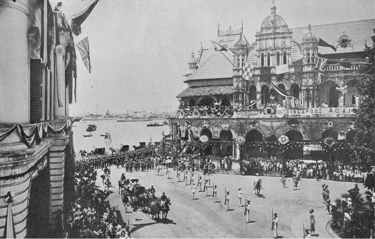 Ankomsten av hertigen och hertiginnan av Cornwall och York till Singapore, illustration från kungen, 25 maj 1901 av English Photographer