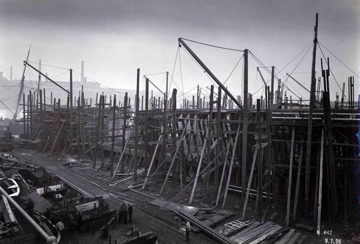 Den isbrytande tågfärjeångaren SS Baikal i ram under konstruktion av Sir W.G. Armstrong Mitchell and Co. Ltd., vid Low Walker-varvet, Newcastle upon Tyne 1896, Yard No. 647, Lake Baikal av English Photographer