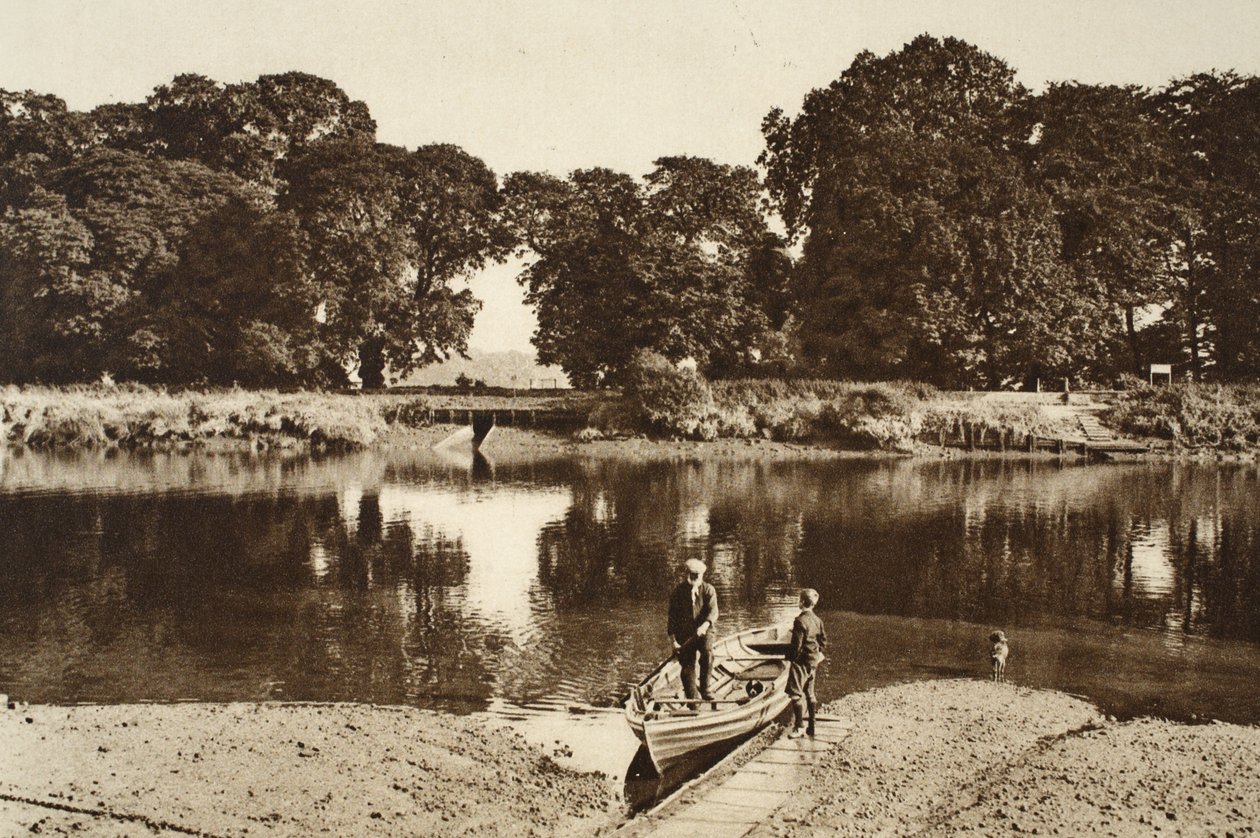 Floden vid Isleworth-färjan med utsikt mot Kew Gardens gröna gläntor, från Wonderful London, publicerad 1926-27 (fotogravyr) av English Photographer
