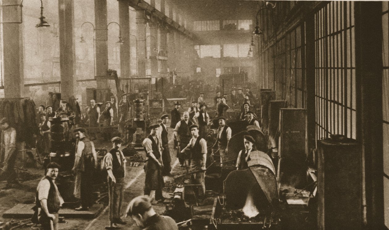Arbetare i smedsbutiken på Beckton Gas Works, från Wonderful London, publicerad 1926-27 (fotogravyr) av English Photographer