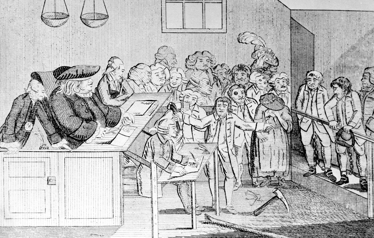A Bond and Judgement, Sir John Fielding presiderade över Bow Street Court, 1779 av English School
