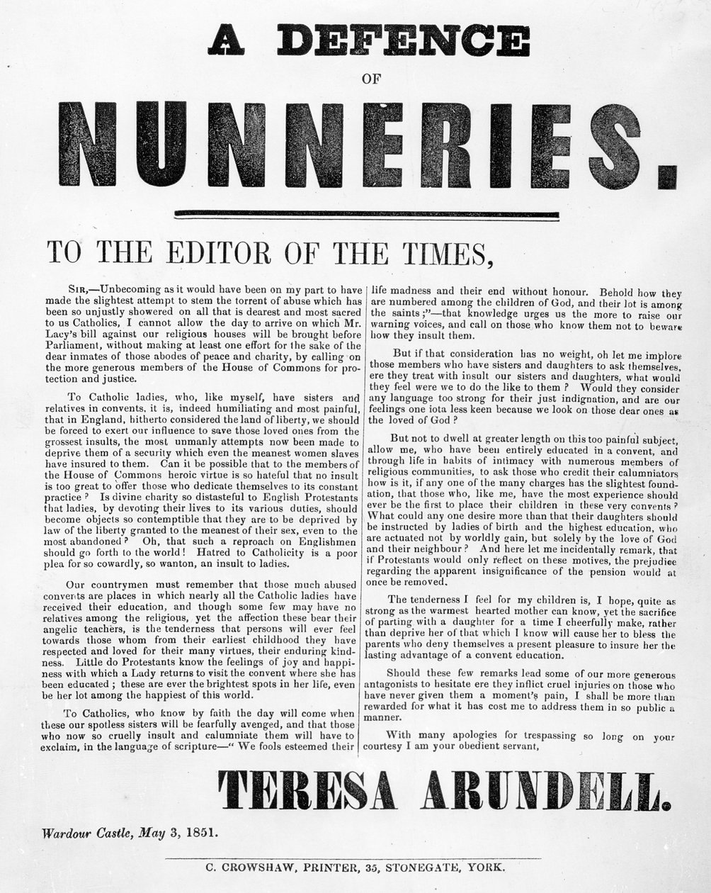 A Defense of Nunneries av Theresa Arundell, 1851 (tryckt papper) av English School