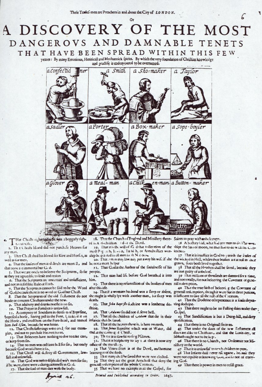 "En upptäckt av de farligaste och fördömligaste grundsatserna som har spridits inom detta fåtal", publicerad 1647 av English School