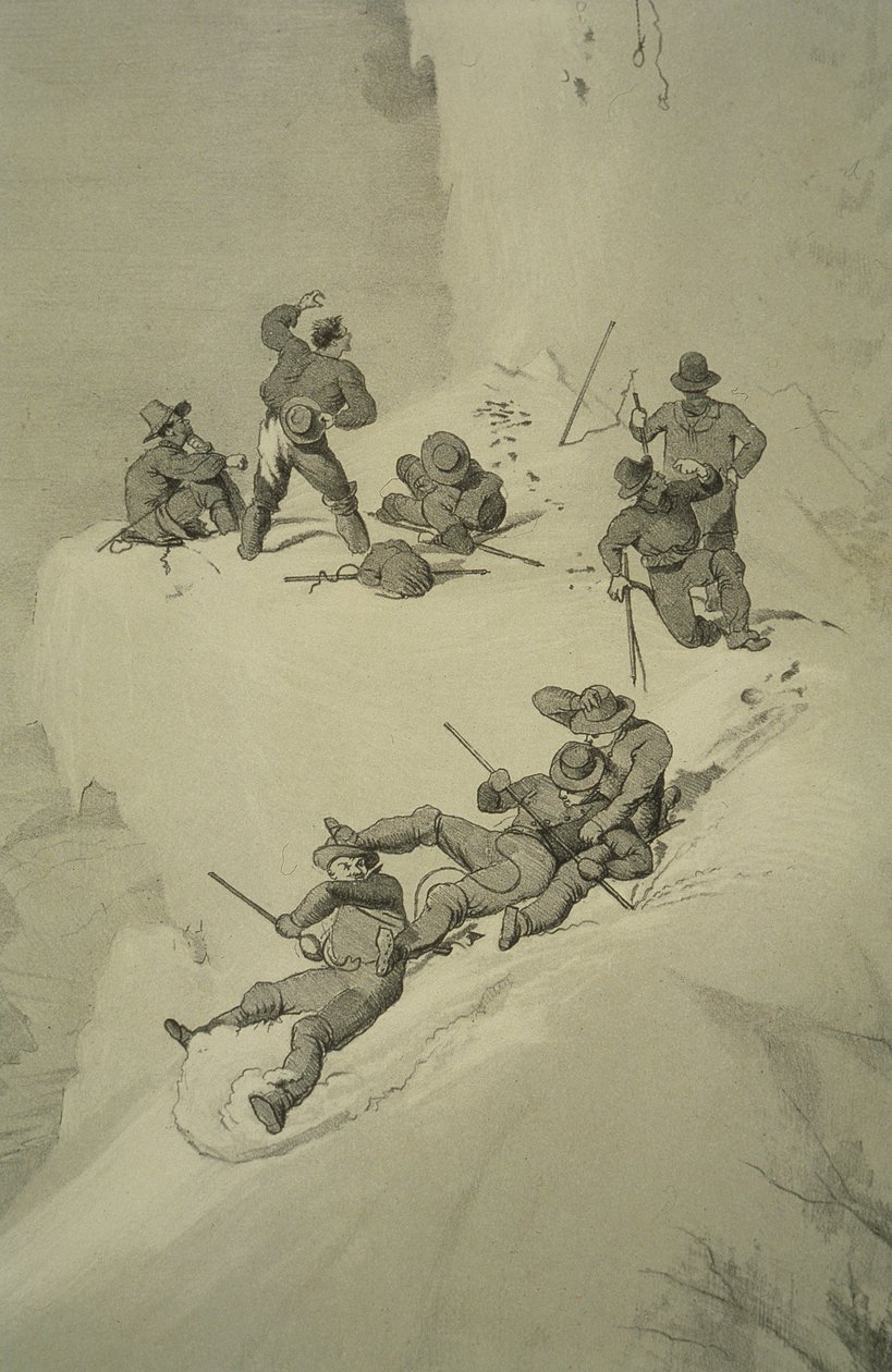 A Fall on the Ascent, från tio scener i Mont Blancs sista stigning inklusive fem vyer från toppmötet, av J.D.H. Browne, publicerad 1853 av English School