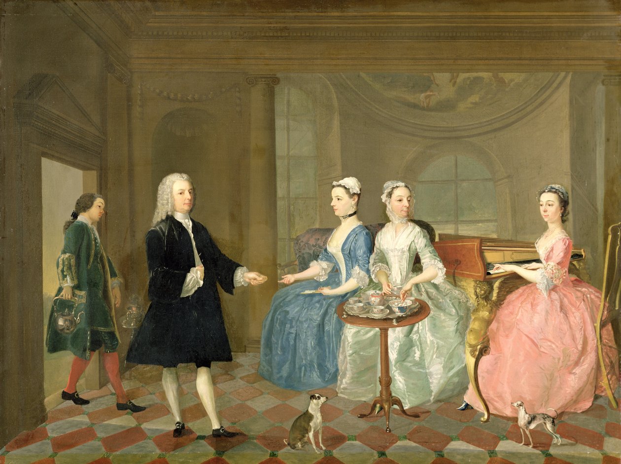 En familj som serveras med te, ca 1740-45 av English School