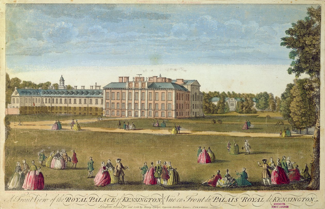 Framsidan av det kungliga palatset i Kensington (färgad etsning) av English School