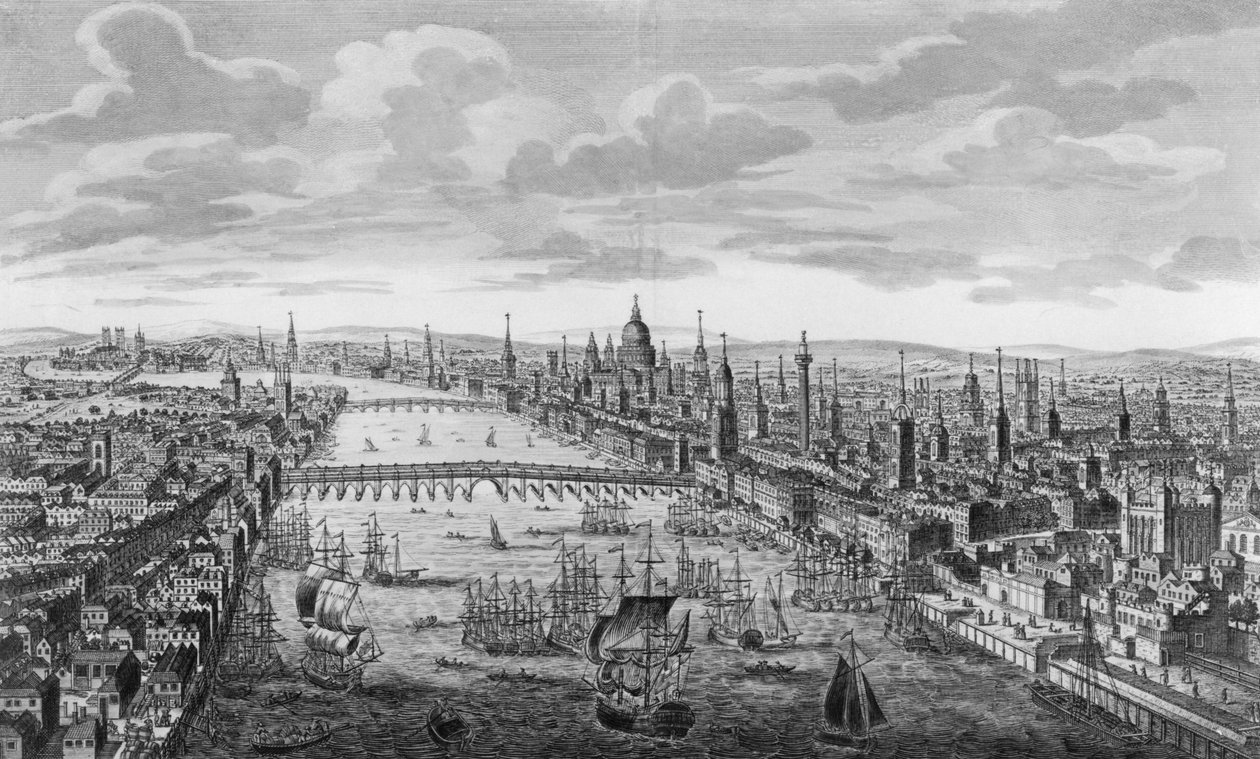 En allmän bild av staden London bredvid Themsen, c.1780 av English School