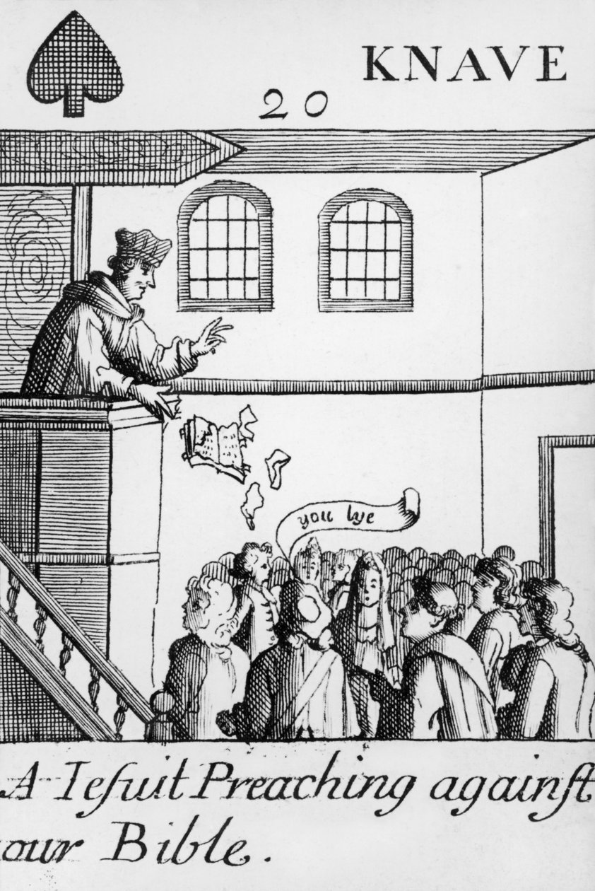 En jesuit som predikar mot vår bibel, spaderknekt, från en uppsättning spelkort, 1679 av English School