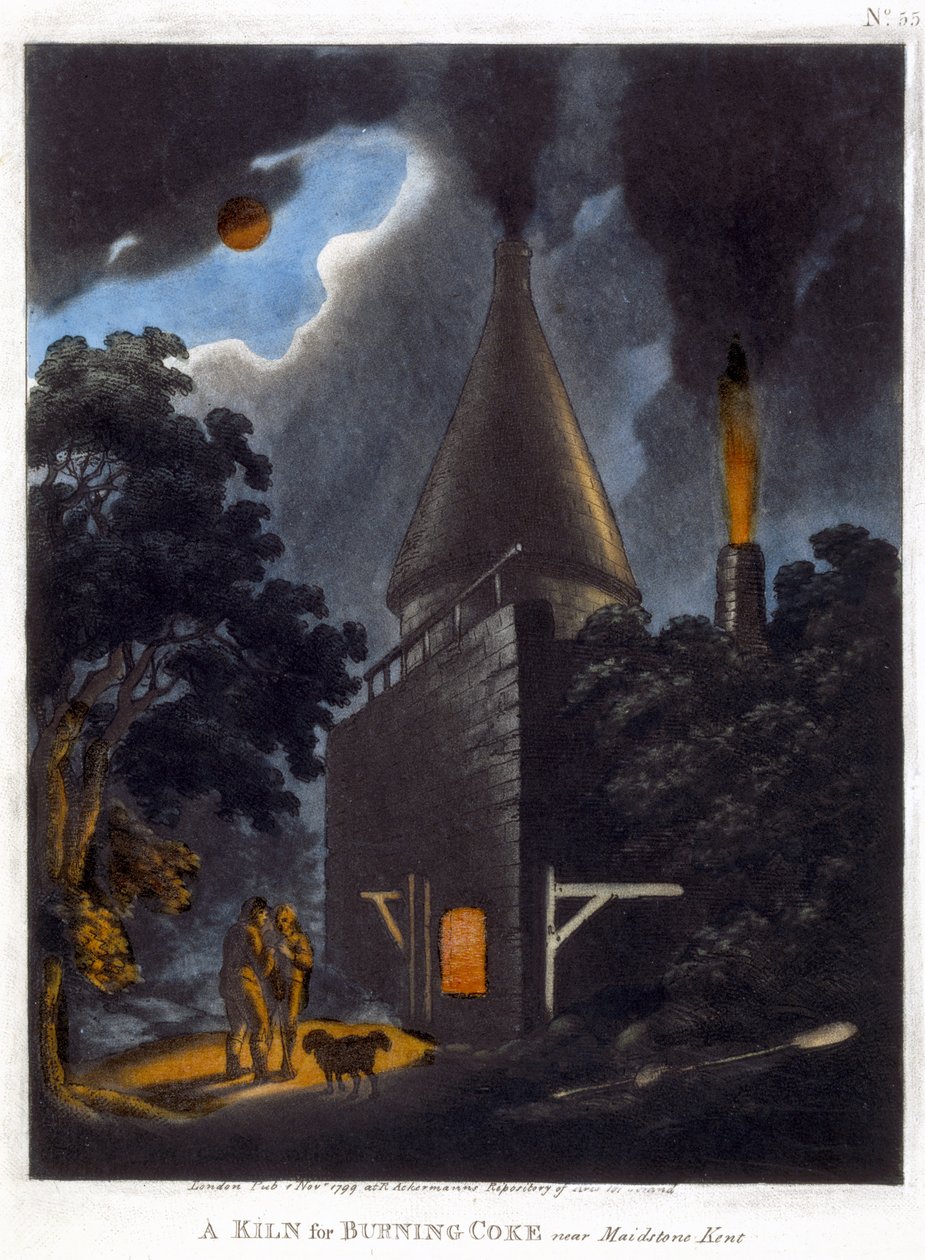 A Kiln for Burning Coke, nära Maidstone, Kent, november 1799 (färgakvatint) av English School