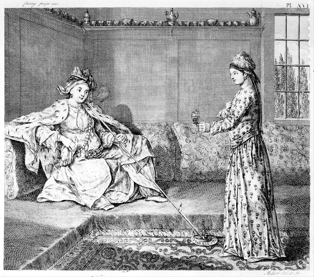 A Lady of Aleppo with a Pipe, illustration från "The Natural History of Aleppo" av Alexander och Patrick Russell, publicerad 1794 av English School