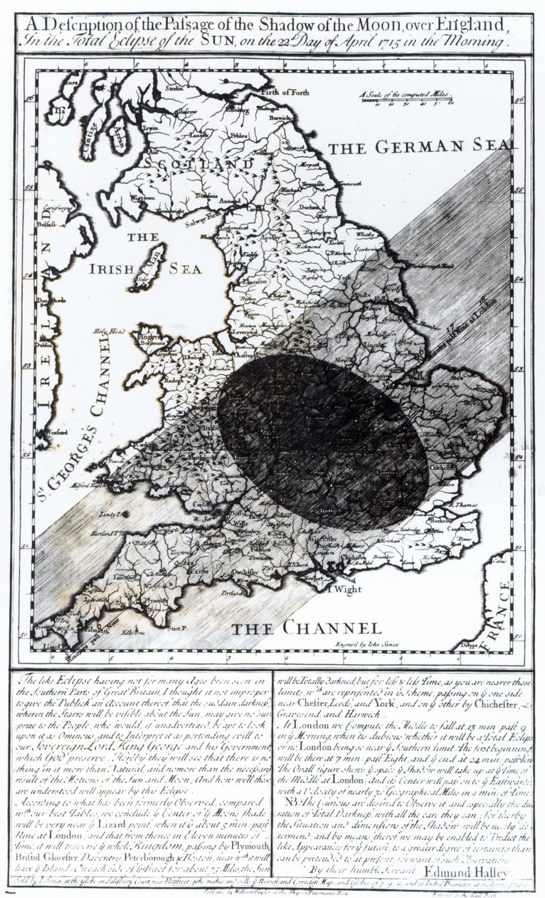 En karta som visar passagen av månens skugga över England den 22 april 1715, graverad av John Senex, 1715 av English School
