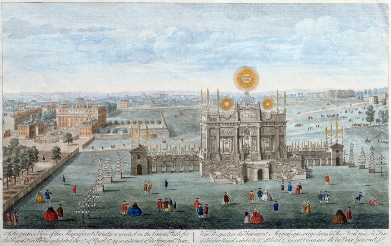 En perspektivvy av den magnifika strukturen uppförd i Green Park för Royal Fireworks, pub. av Robert Wilkinson, 1749 av English School