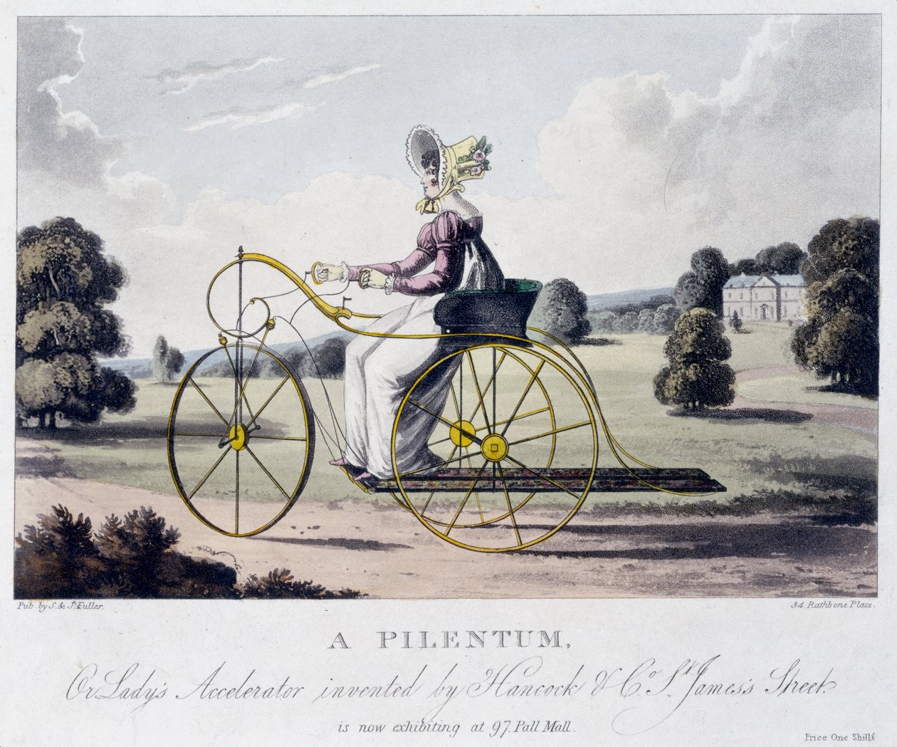 En Pilentum- eller Ladys-accelerator uppfunnen av Hancock & Co, St. Jamess Street, ca 1820 (färgad akvatint) av English School