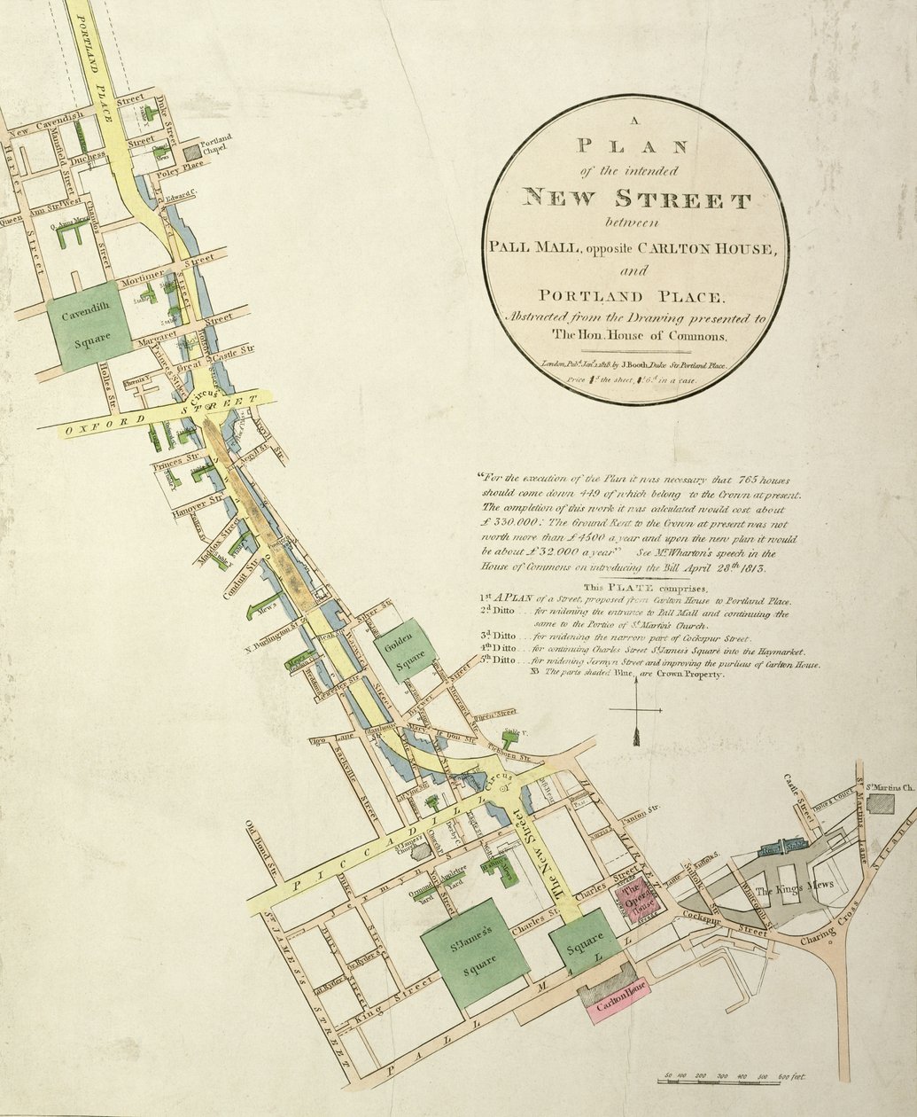 A Plan of the Intended New Street mellan Pall Mall, mittemot Carlton House, och Portland Place, designad av John Nash (1758-1835) pub. av J. Booth, 1818 av English School