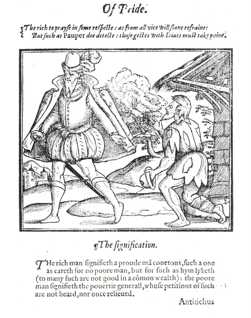 A Rich Man Spurns a Ragged Beggar, från "A Christall Glass of Christian Reformation" av Stephen Bateman, 1569 av English School
