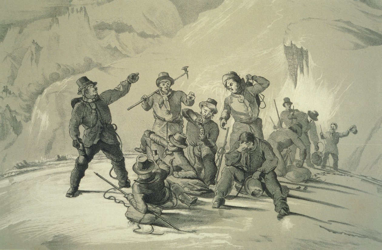 Ett stopp för förfriskningar, från tio scener i Mont Blancs sista bestigning inklusive fem vyer från toppmötet, av J.D.H. Browne, publicerad 1853 av English School
