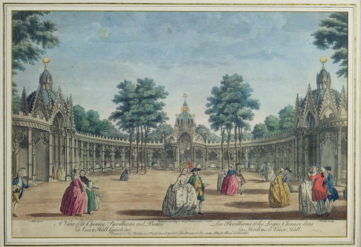 En vy av de kinesiska paviljongerna och lådorna i Vauxhall Gardens, 1751 (färggravyr) av English School