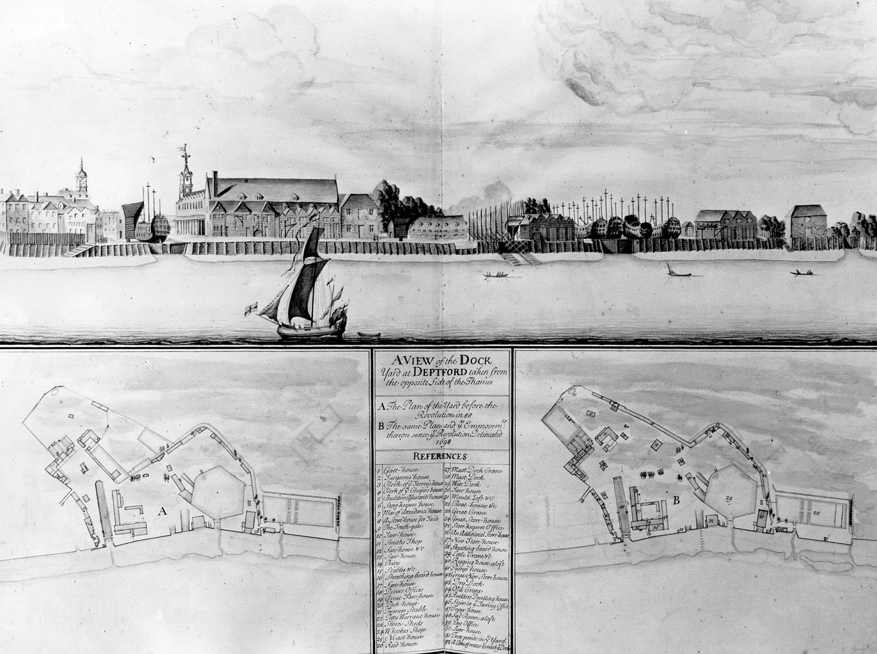 En vy över varvet i Deptford tagen från den motsatta sidan av Themsen, 1698 av English School