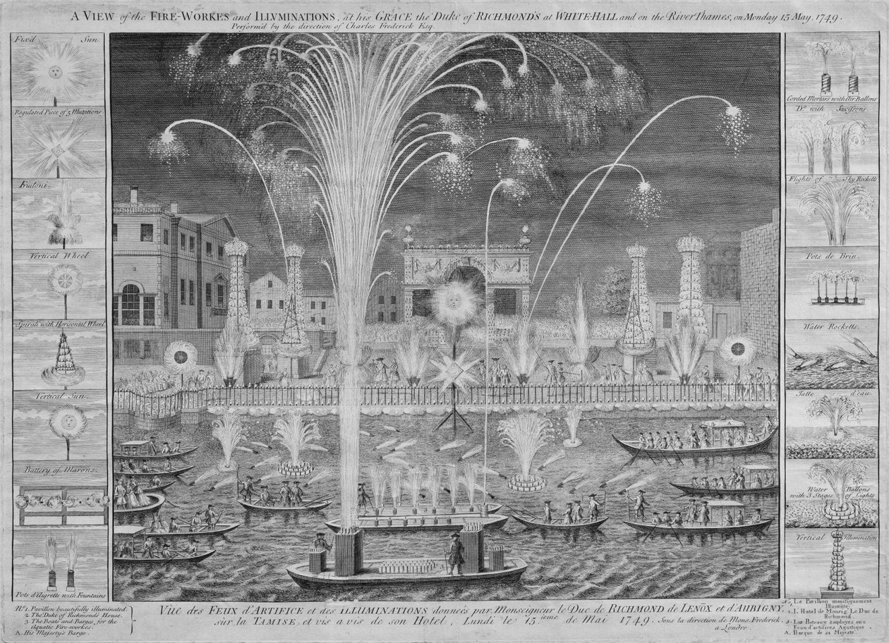 A View of the Fireworks and Illuminations på hans nåd Duke of Richmonds vid Whitehall och på Themsen, måndagen den 15 maj 1749 (se även 8450) av English School