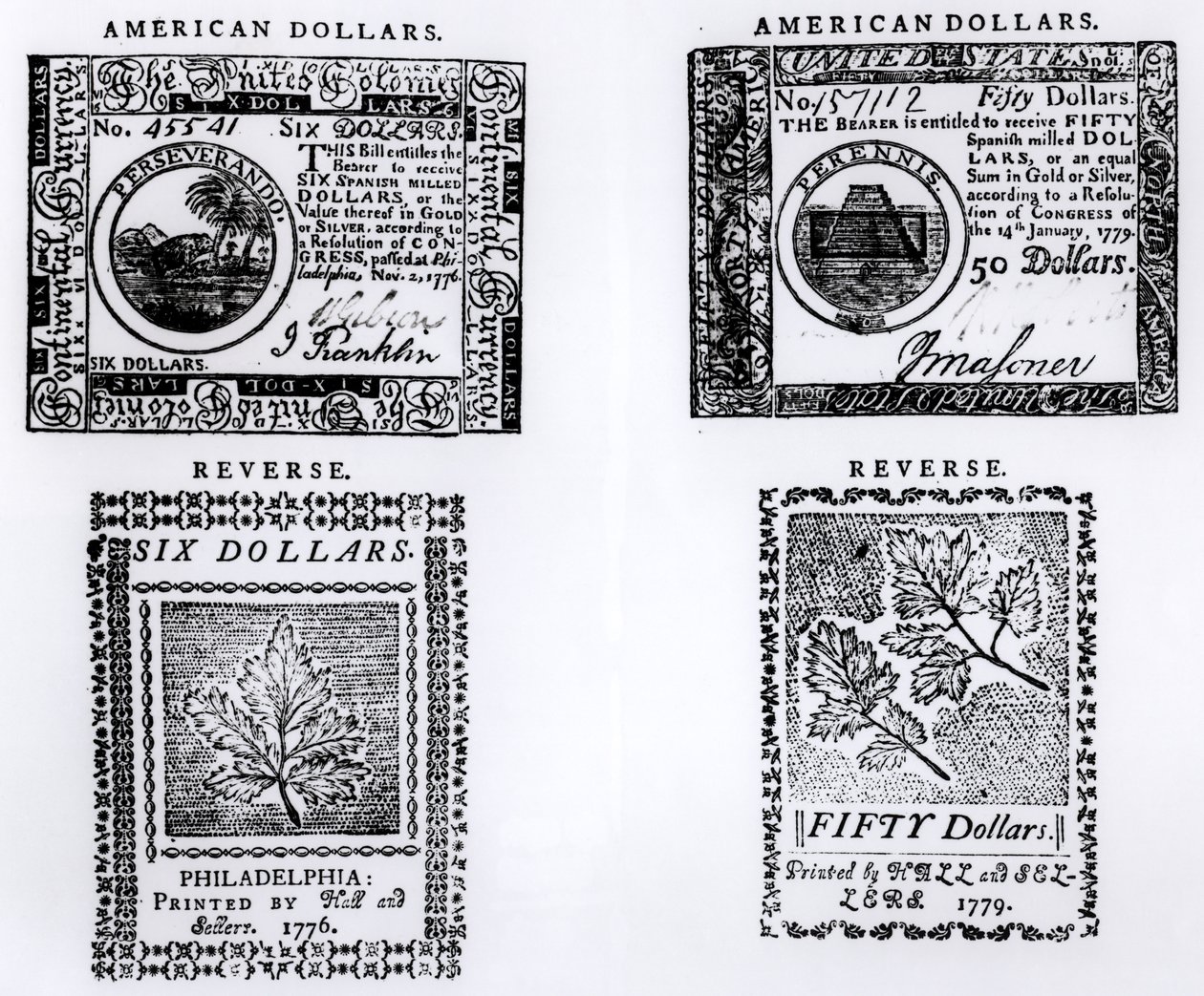 En kolonial sexdollarssedel från 1776 och en amerikansk femtiodollarssedel från 1779 av English School